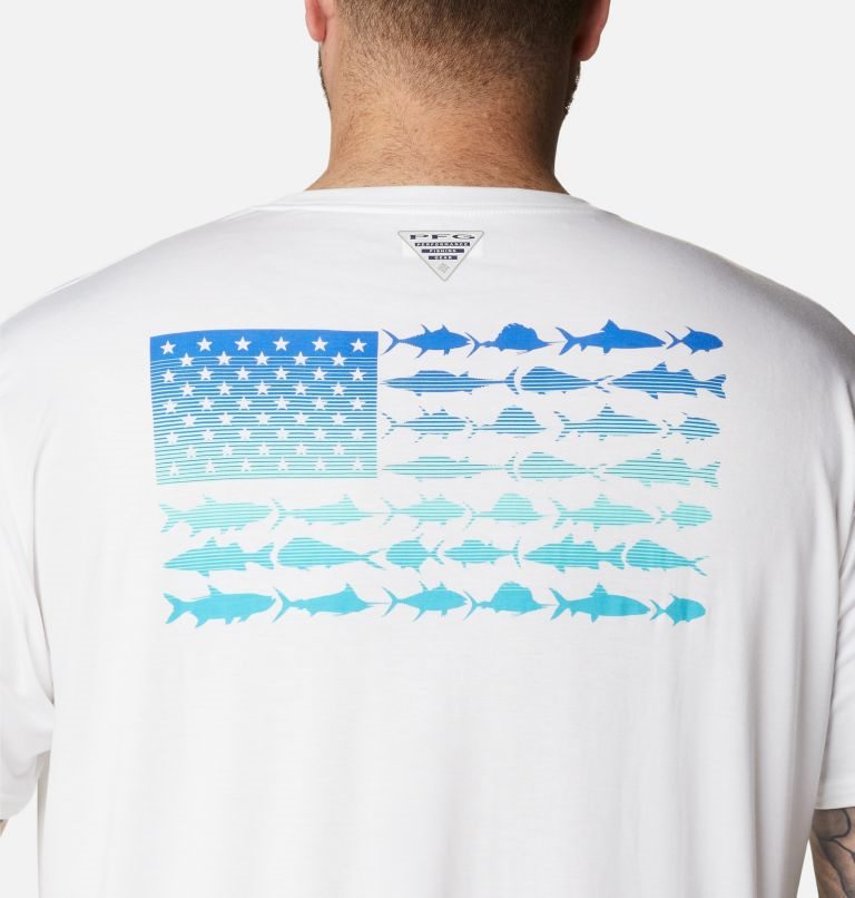 Men's Columbia PFG Fish Flag Tech Short Sleeve T Shirts White | Plus Size CA-M6C1L